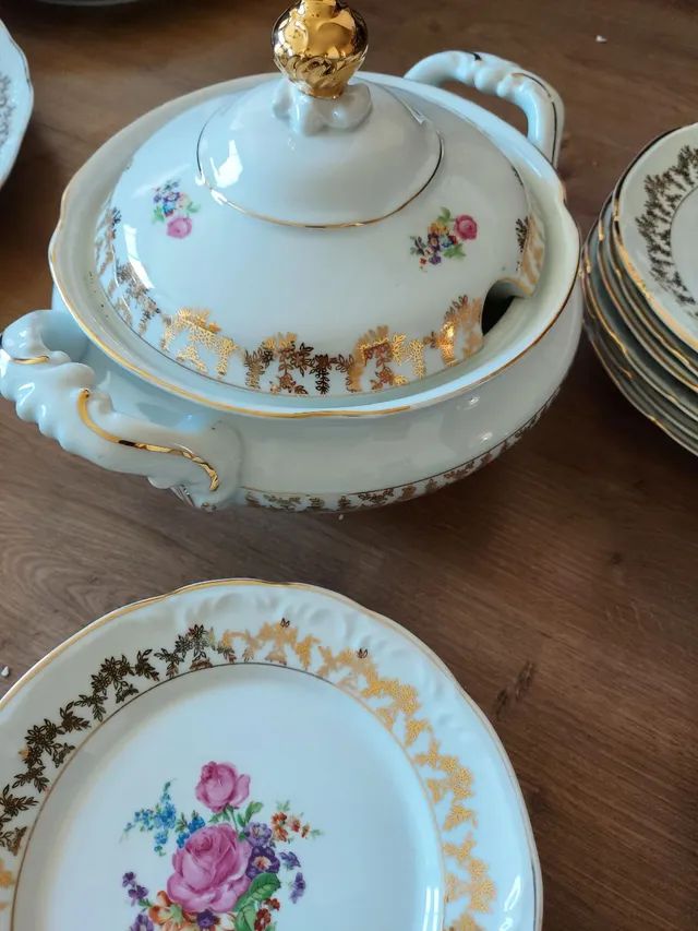 Jogo de jantar porcelana schimidt filete dourado
