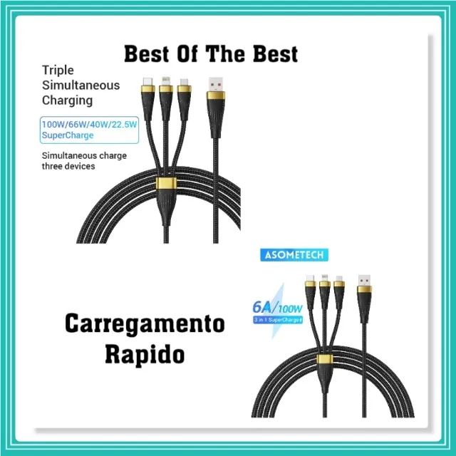 Micro USB Tipo C Cabo de Carregamento, 3 em 1 Cabo de Carregamento USB 6A 100W