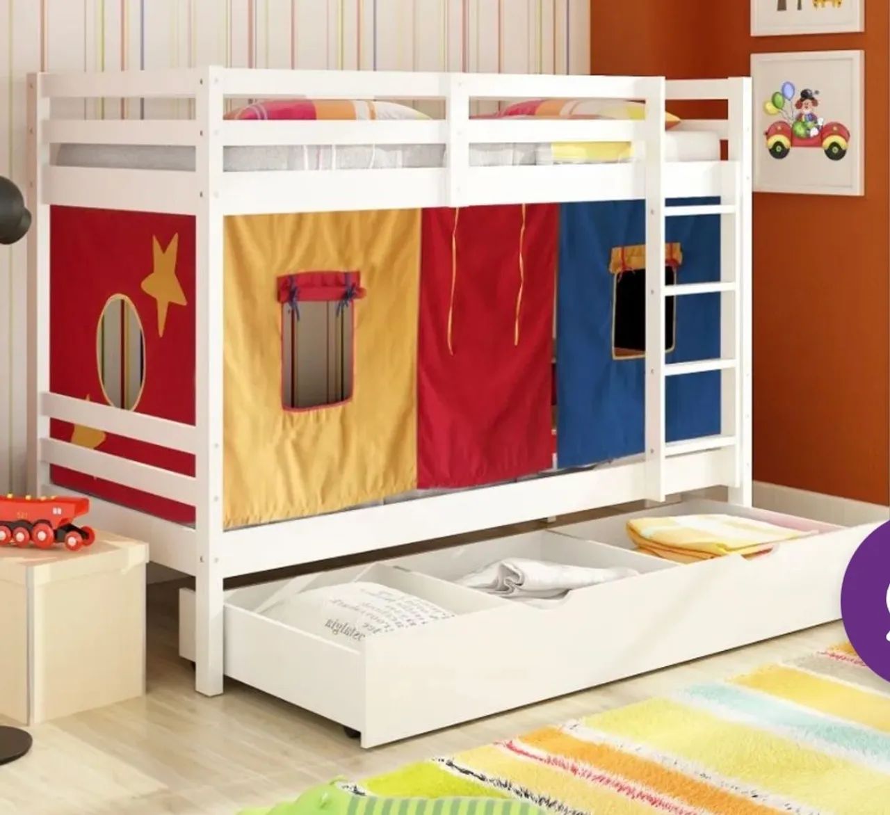 Cama Treliche Infantil com Cortinas, colchoes, telhado e escorregador