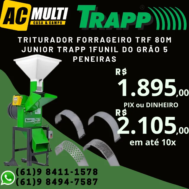 Triturador Forrageiro TRF 80M Junior Trapp 1funil do grão 5 peneiras