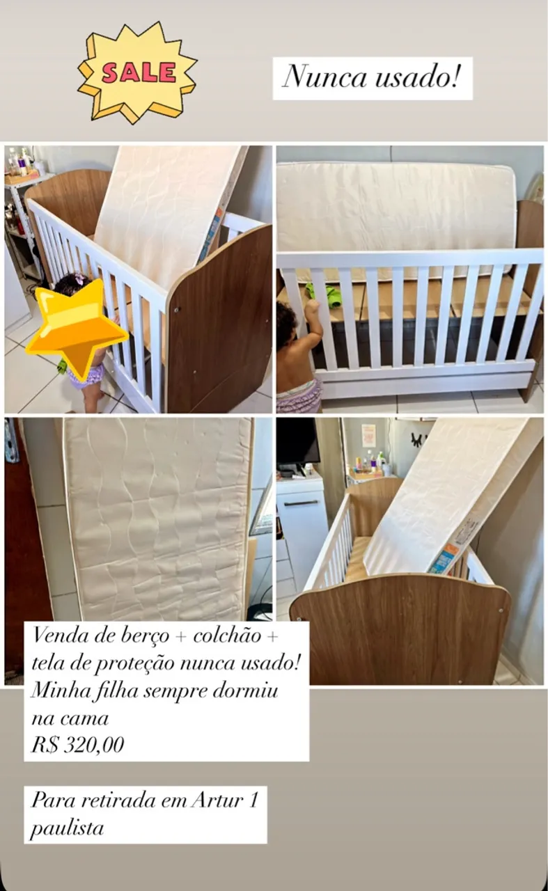 Berço + Colchão + Tela de Proteção - Nunca Usado!