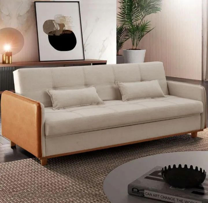 Sofá Cama Elegante com Detalhes em Couro