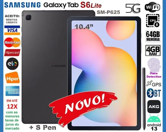 Tablet Galaxy Tab S6 Lite 10.4" 64GB Modelo 2024, S Pen, GPS, Wi-Fi+5G, Novo, NF, Troco!