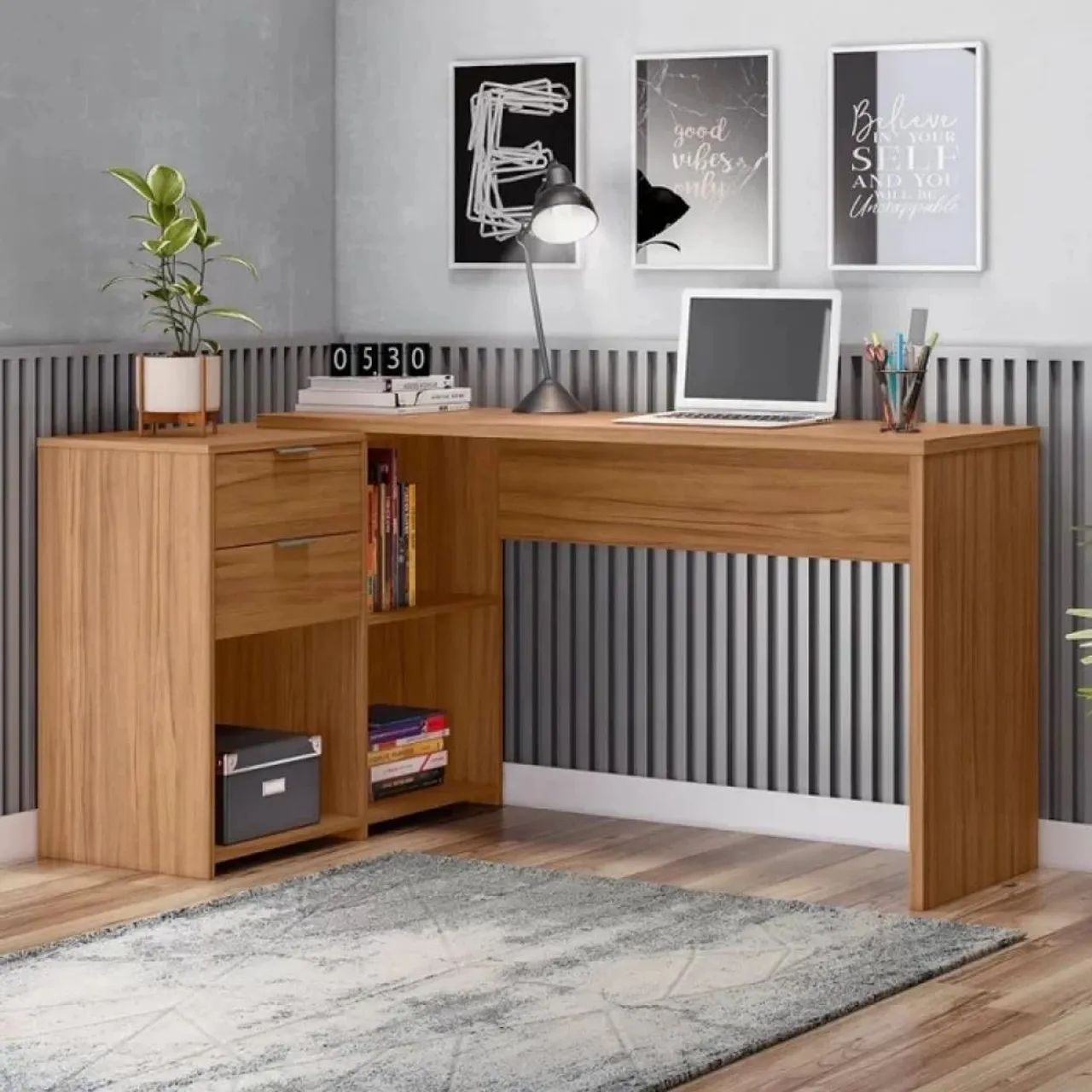 Mesa de Escritório Canto em L Articulada com 2 Gavetas Oficce NT2060 Freijó
