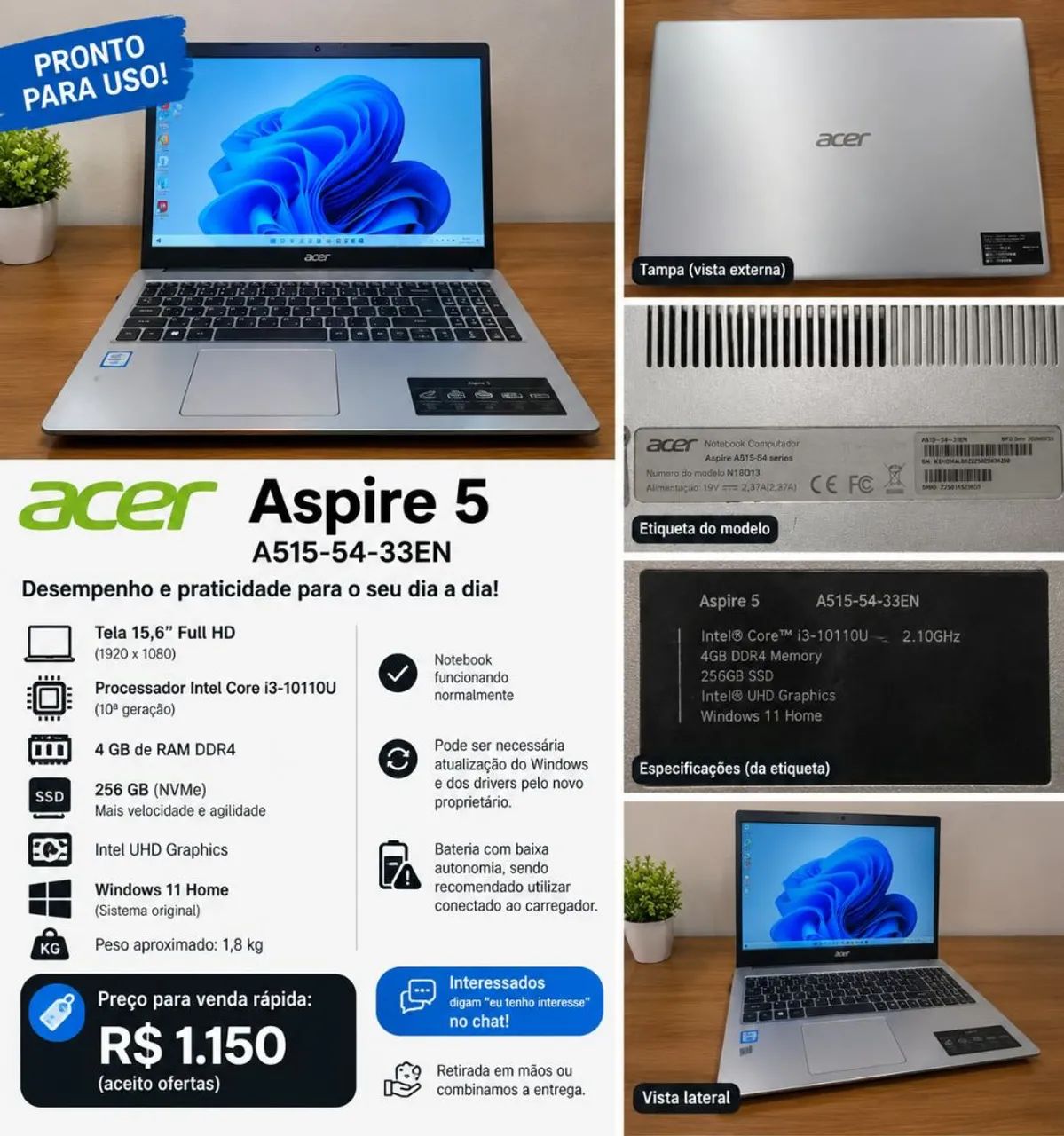 Notebook Acer Aspire 5 i3 10ª 4GB RAM SSD 256Gb
