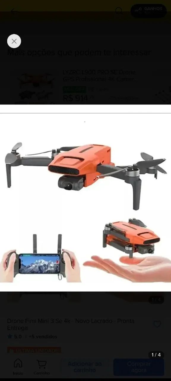 Drone fimi Mini V2 laranja completo com bateria case controle e hélice reserva 