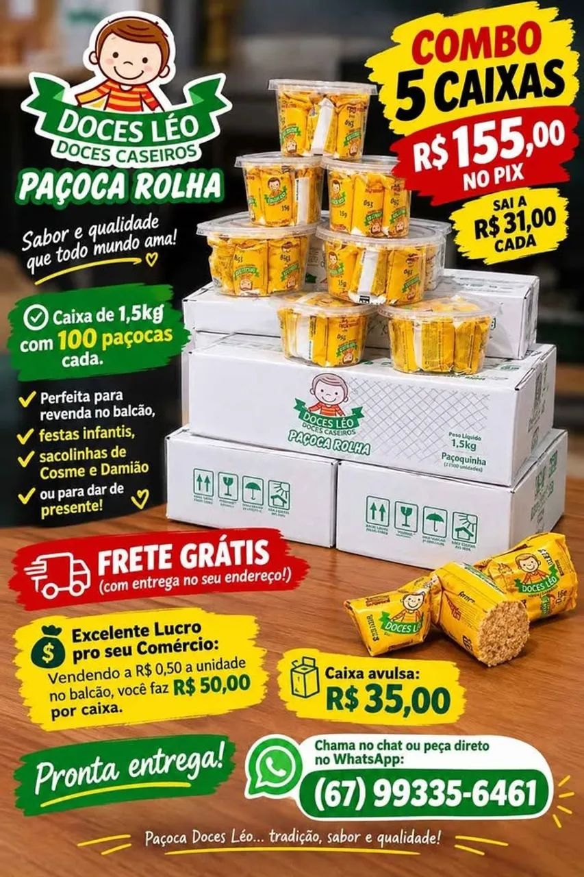 Combo 5 Caixas Paçoca Rolha Doces Léo 1,5kg (100 unidades)