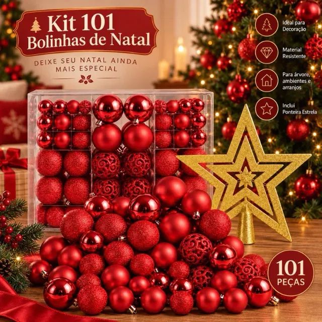 OFERTA - Kit 101 Bolas de Natal + Brinde Estrela brilhantes