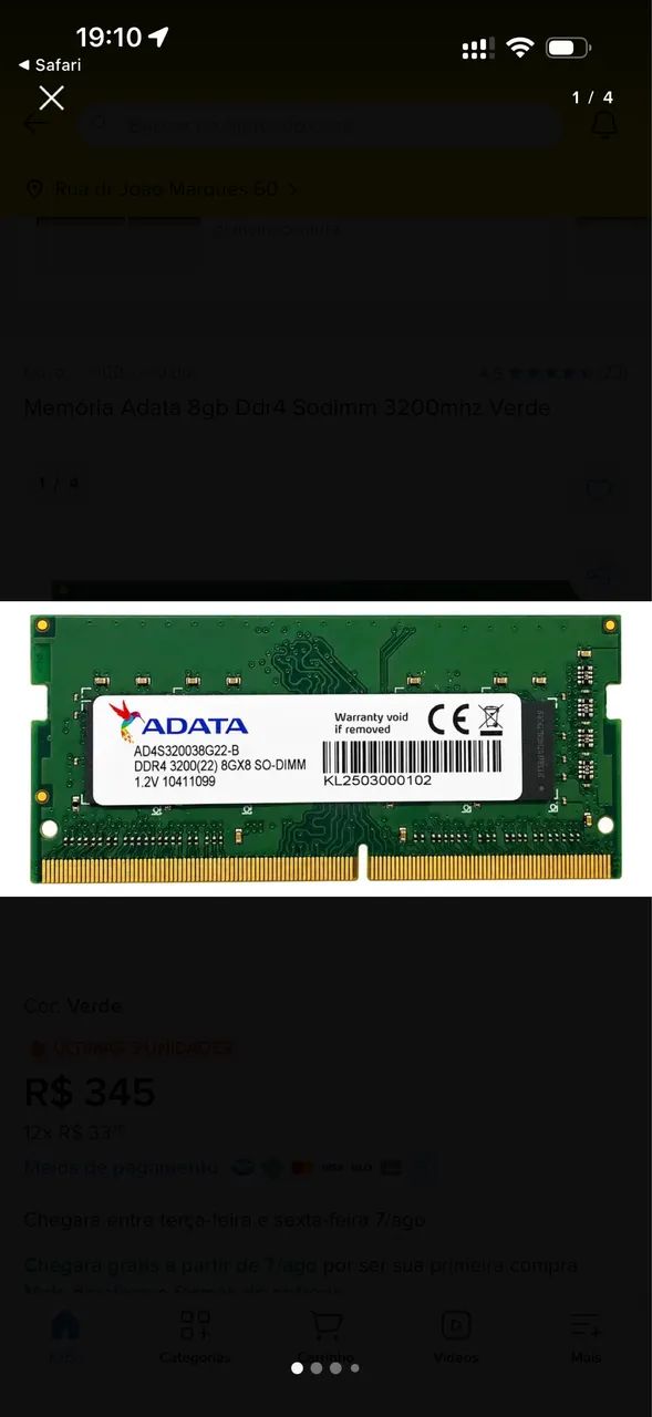 MEMÓRIA DDR4 8GB 3.200mhz ADATA