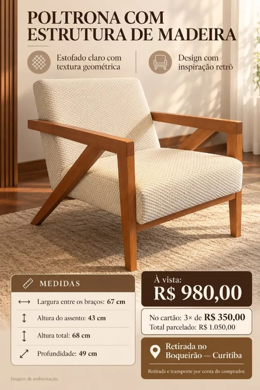  POLTRONA COM ESTRUTURA DE MADEIRA E ESTOFADO CLARO