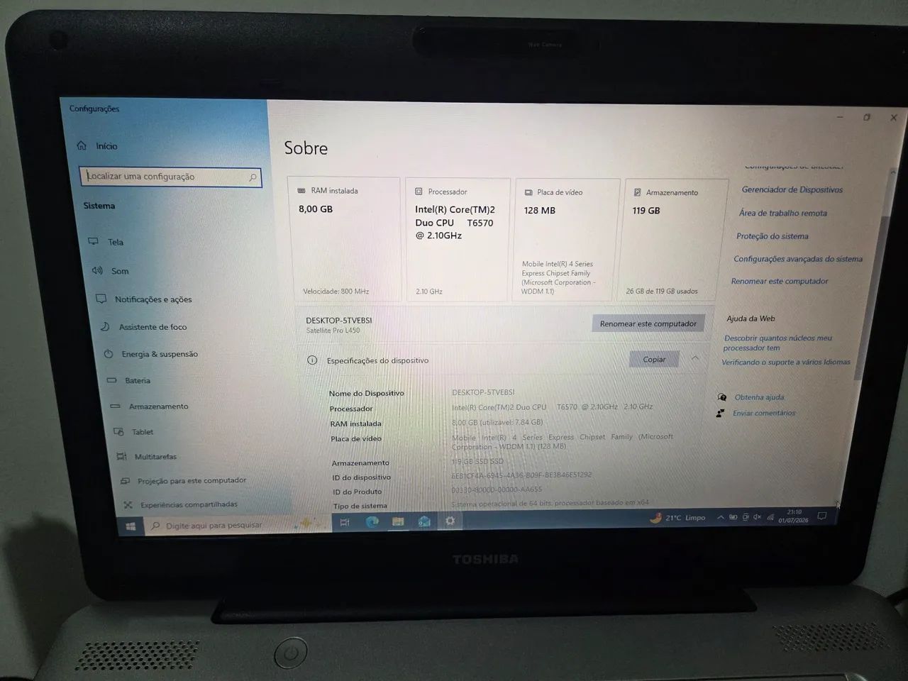 Notebook Toshiba Satellite L450 - 8GB RAM DDR3 + SSD - Foto 4