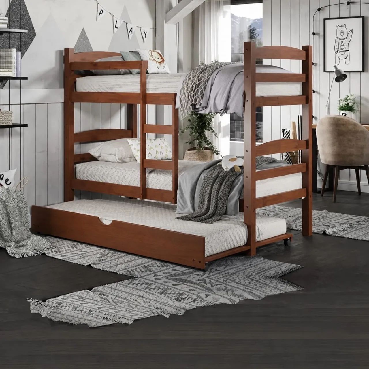 BELICHE DE MADEIRA MACIÇA COM CAMA AUXILIAR (TRILICHE)