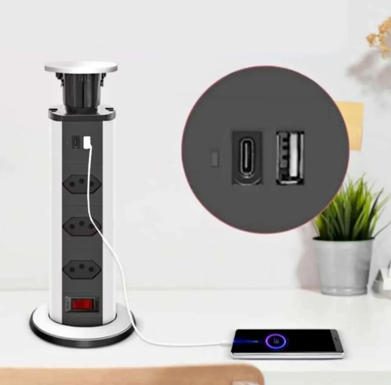 Torre de Tomada Retrátil com USB C e USB