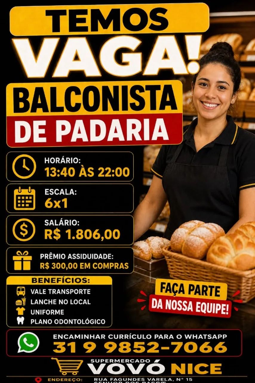 VAGA PARA BACONISTA DE PADARIA 