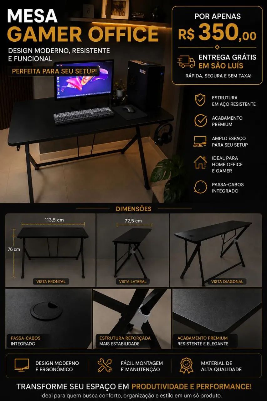 Mesa Gamer Office Preta - Nova - R$ 350
