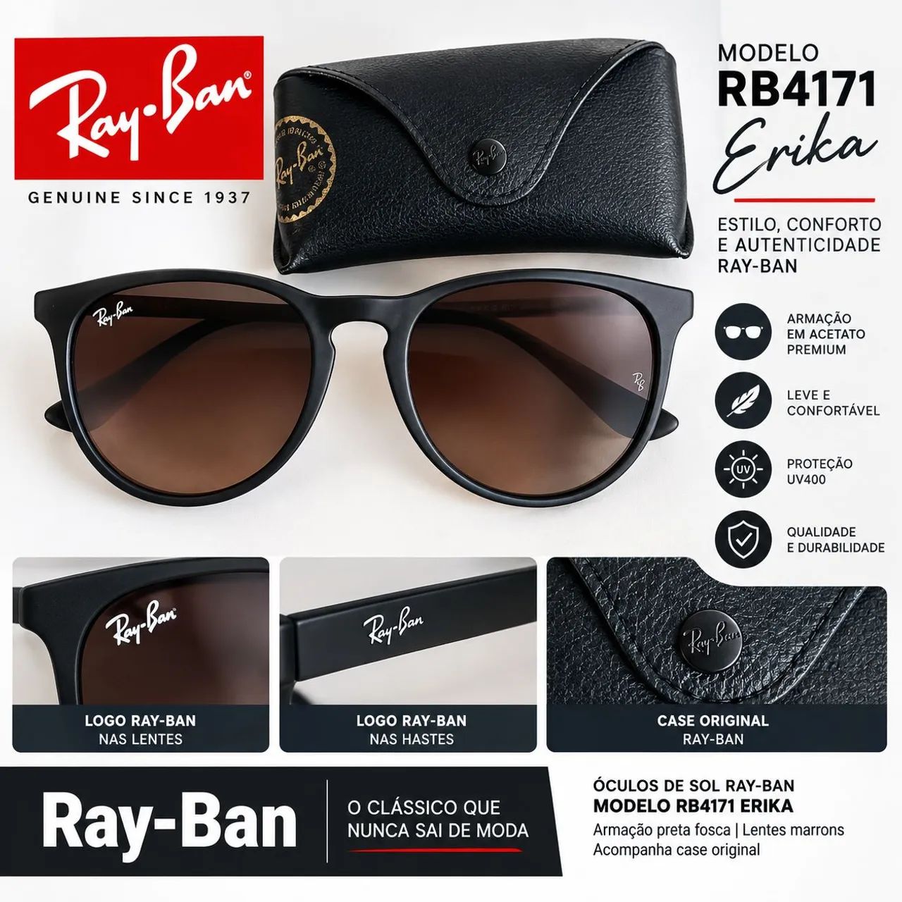 Ray-Ban Erika, modelo clássico e super estiloso, com armação preta e lentes marrons. - Foto 2