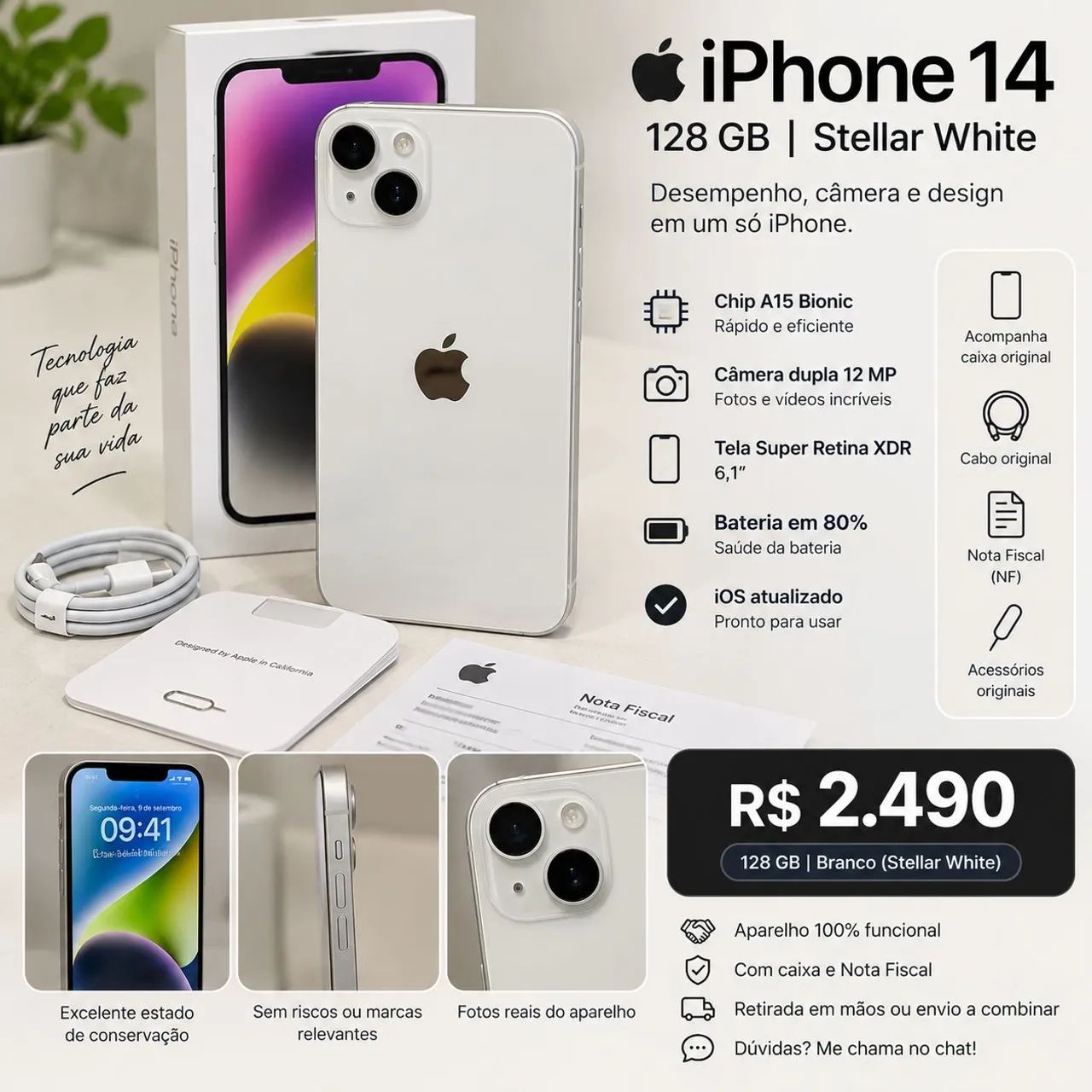 iPhone 14 128GB Branco Stellar White + Caixa + Nota Fiscal