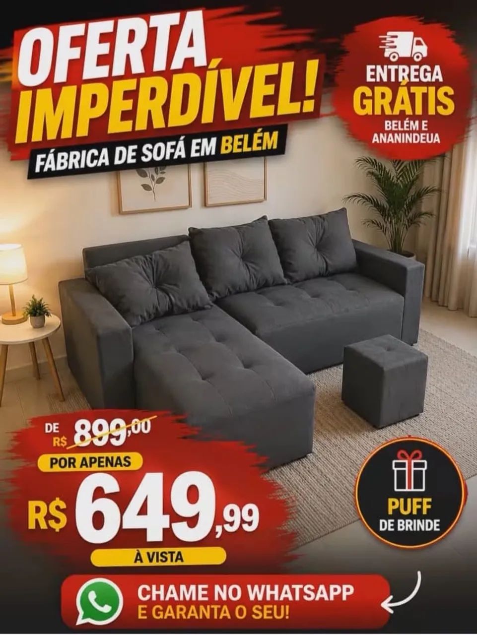  Sofá Em Promoção - acompanha Puff de Brinde