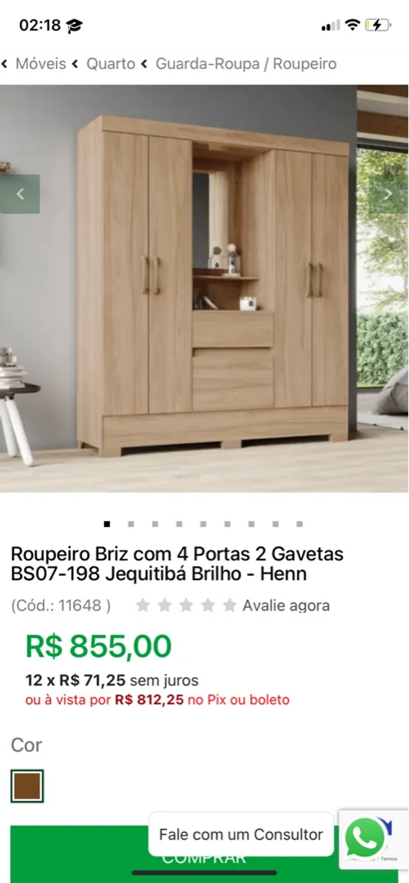 Guarda-Roupa Briz 4 Portas 2 Gavetas Jequitibá Brilho - Henn