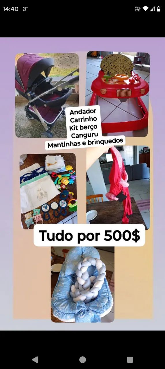 Carrinho Moisés + andador + kit berço+ mantinhas e brinquedos+ canguru tudo por 500$  - Foto 2