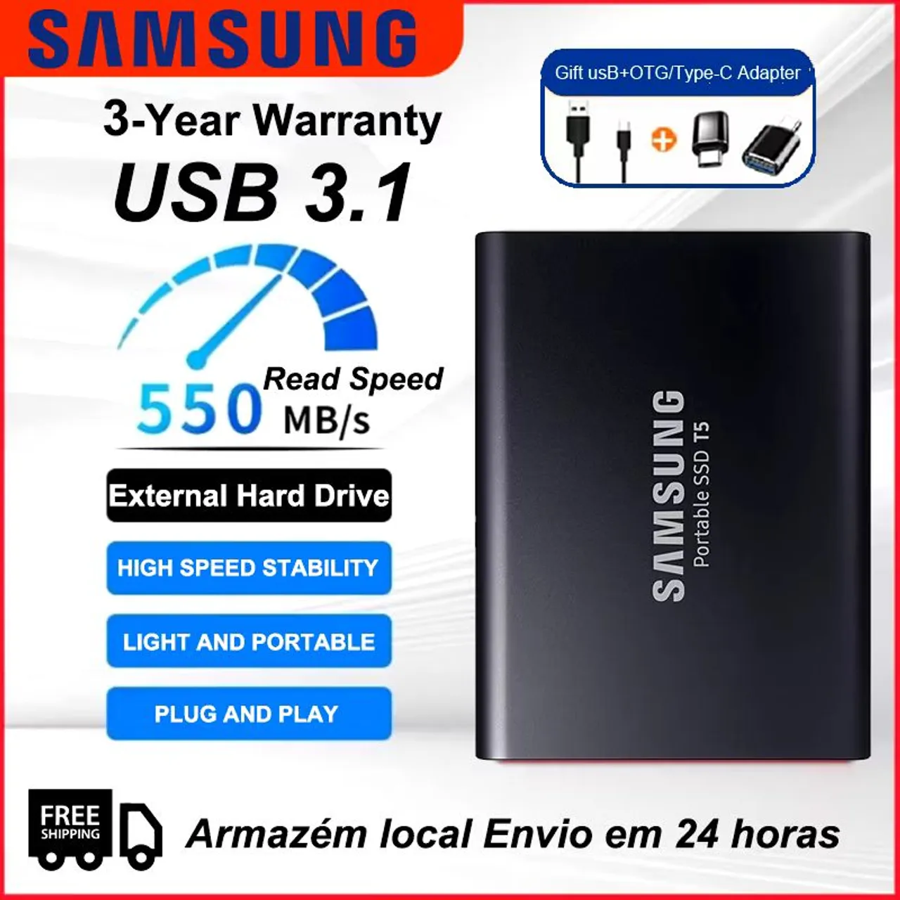 SSD Portátil Samsung T5 500MB/s USB 3.1