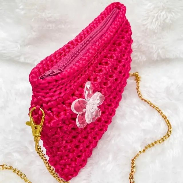 Bolsa De Crochê Mini Transversal Feminina Alça Dourada - Foto 3