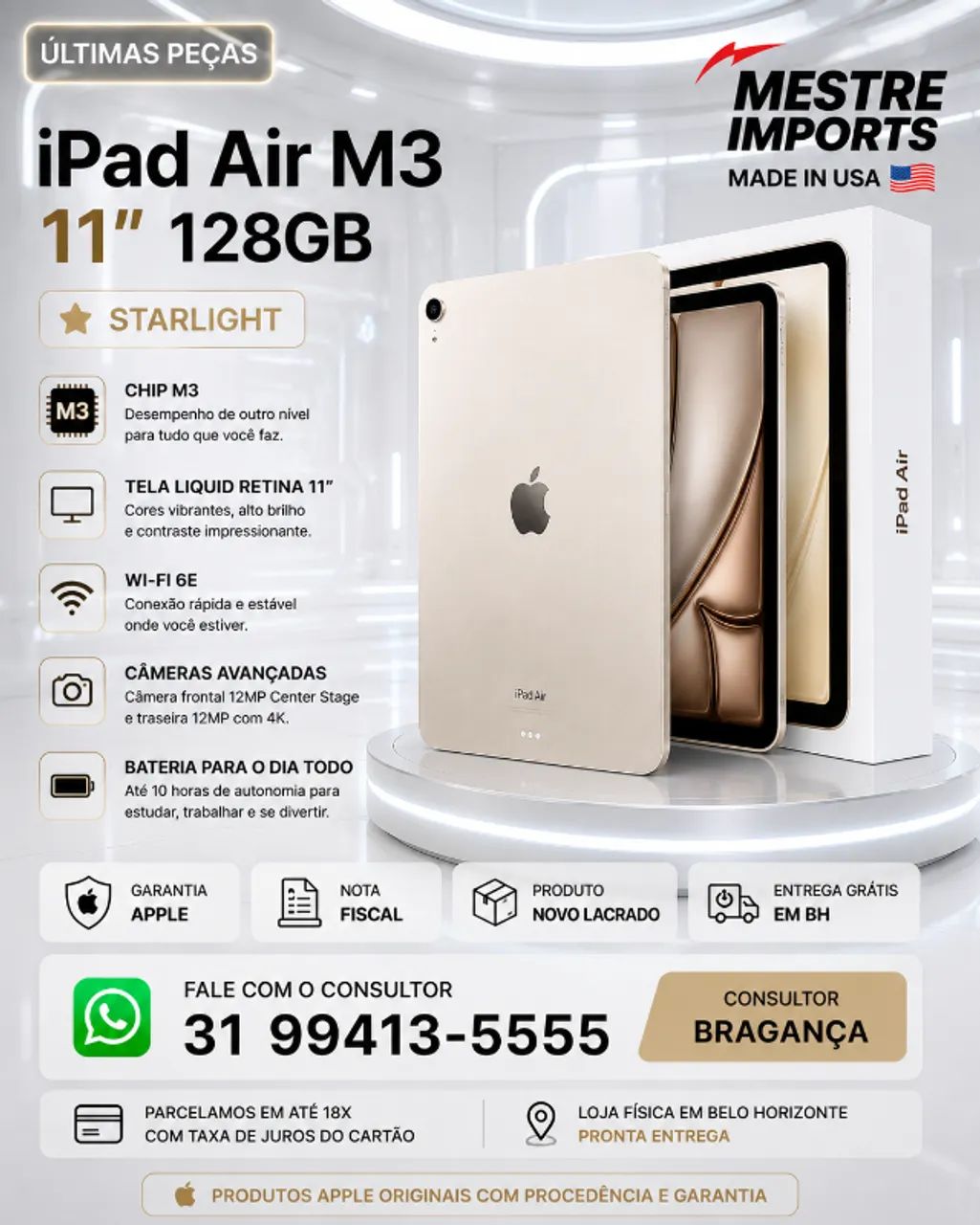 iPad Air M3 11 polegadas 128GB Wi-Fi Starlight Novo Lacrado Garantia Apple