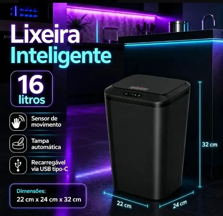 Lixeira De Sensor Automático Preta 16 Lts - Foto 5