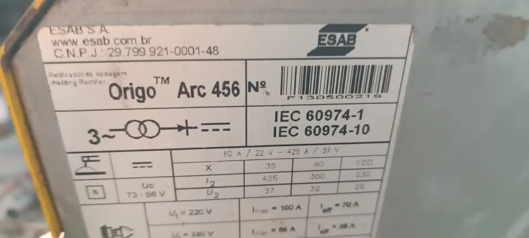 MAQUINA  DE SOLDA ESAB ORIGO ARC 456 IEC 60974 1 IEC 60974-10 - Foto 2