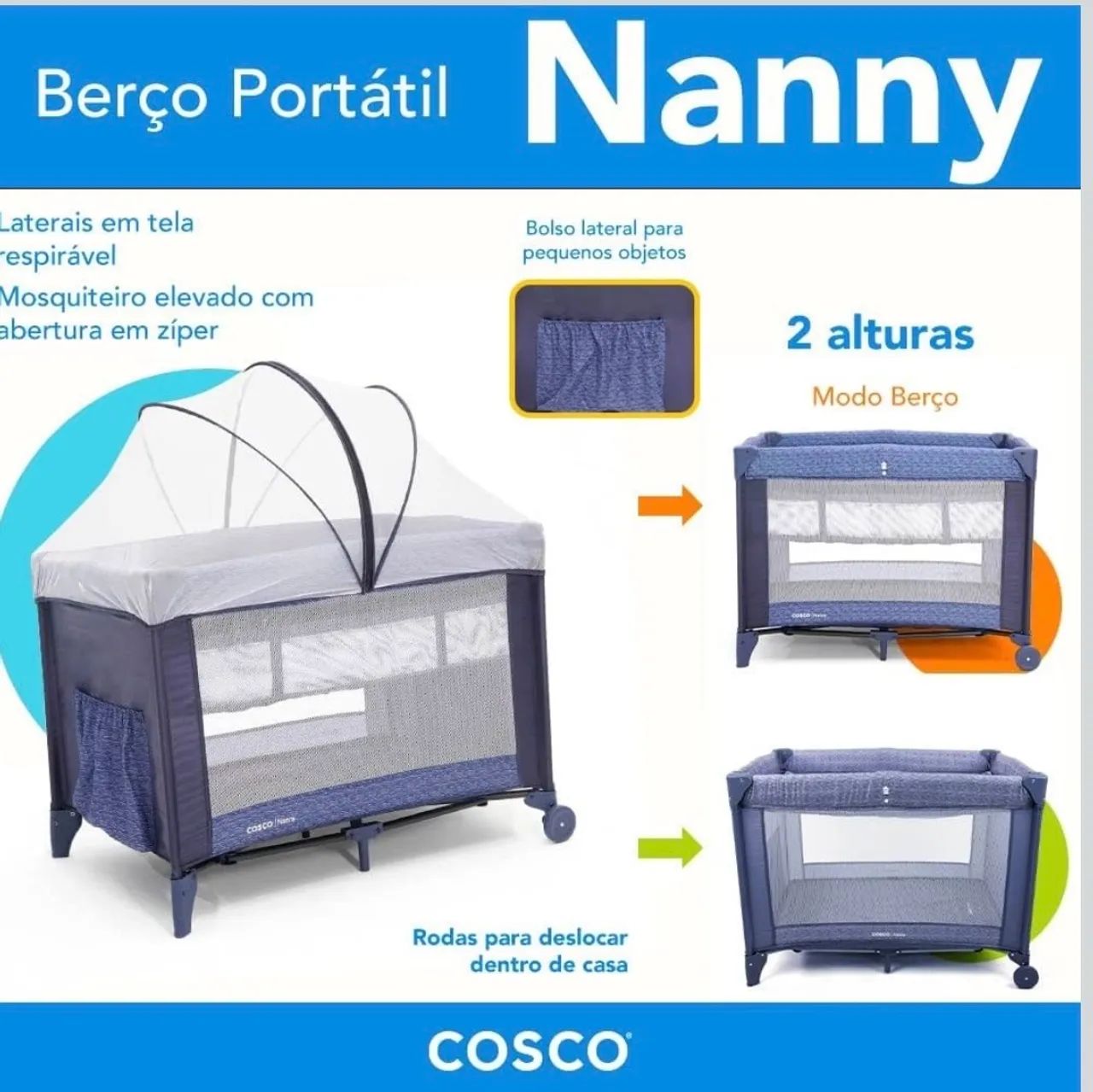 Cosco Kids, Berço Nanny, 0 a 18kg, Azul Rajado - Foto 2