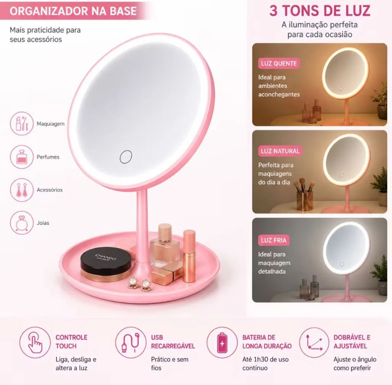 Espelho de Mesa LED Touch - Rosa Recarregável USB