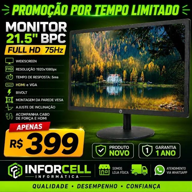 Monitor Led 22 BPC Full HD Preto 75Hz 