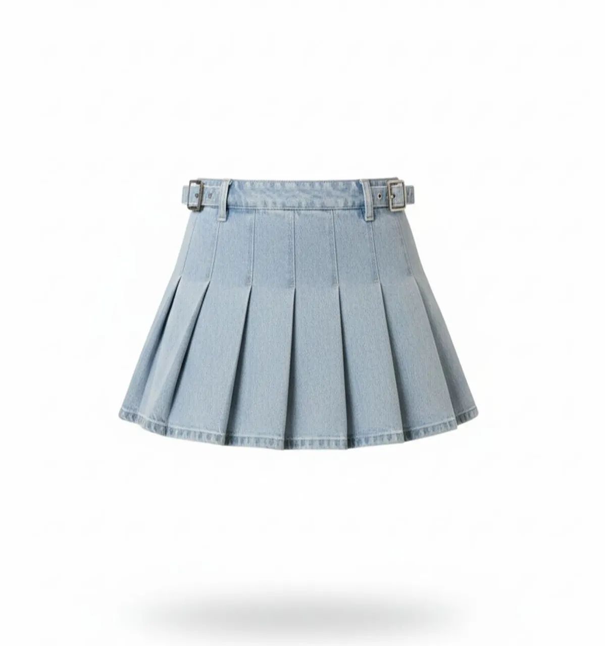 Saia jeans plissada feminina cintura alta com cinto