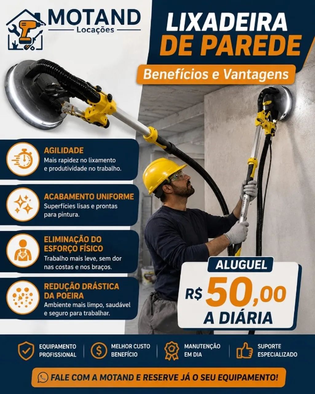Aluguel de Lixadeira de Parede e Teto com Aspirador (Coletor de Pó) e LED