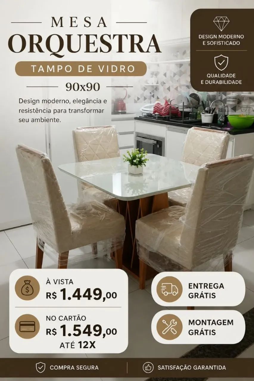 Mesa de jantar // 4 lugares com tampo de vidro