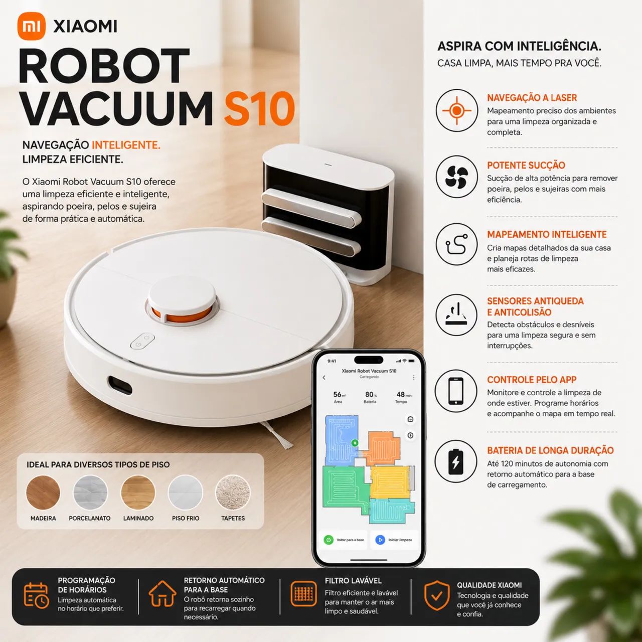 Robô Aspirador Xiaomi Robot Vacuum S10 com Mapeamento a Laser