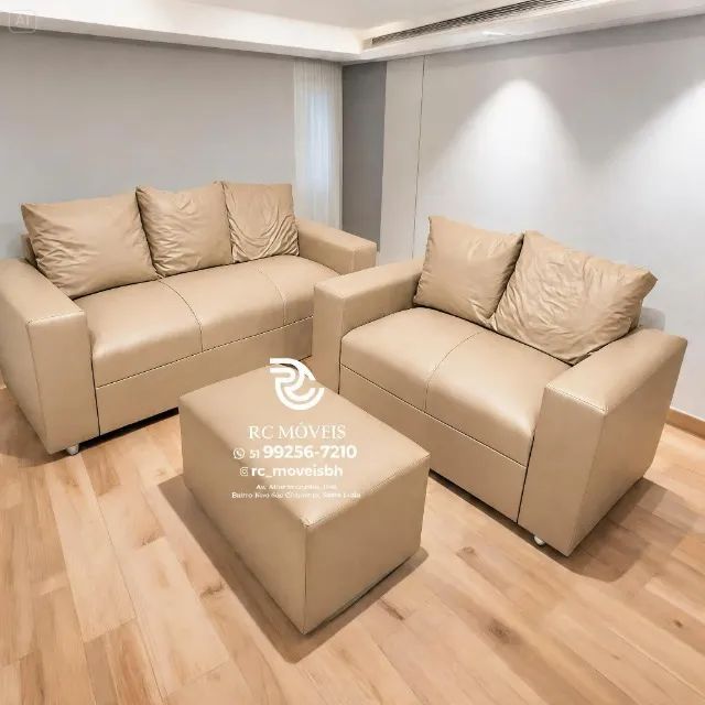 Conjunto Sofá 3 e 2 Lugares Puff Courino Bege D33 Luxo - Foto 3