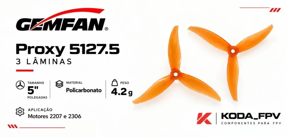 4 Hélices Gemfan Proxy 5 polegadas para drone FPV. Descrição abaixo