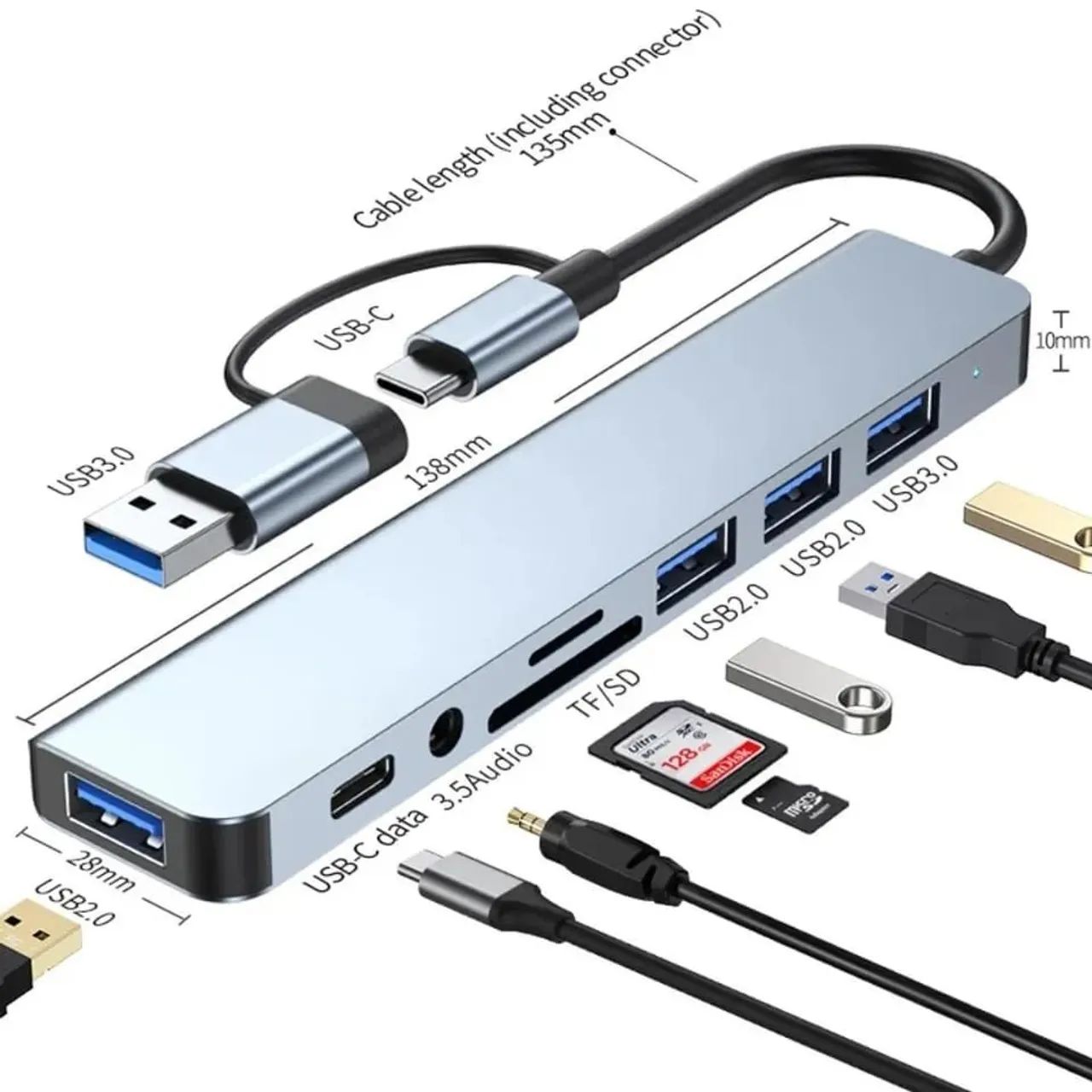 HUB 8 em 2 USB Tipo C com leitor de cartão, Docking Station, USB 3.0 - Foto 2