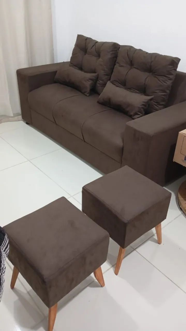 3-Seater Retro Sofa Set with 2 Footstools and 2 Cushions