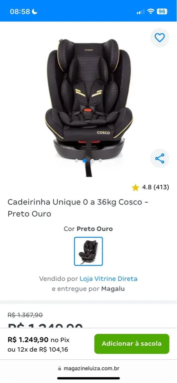 Cadeirinha Unique 0 a 36kg Cosco - Preto Ouro