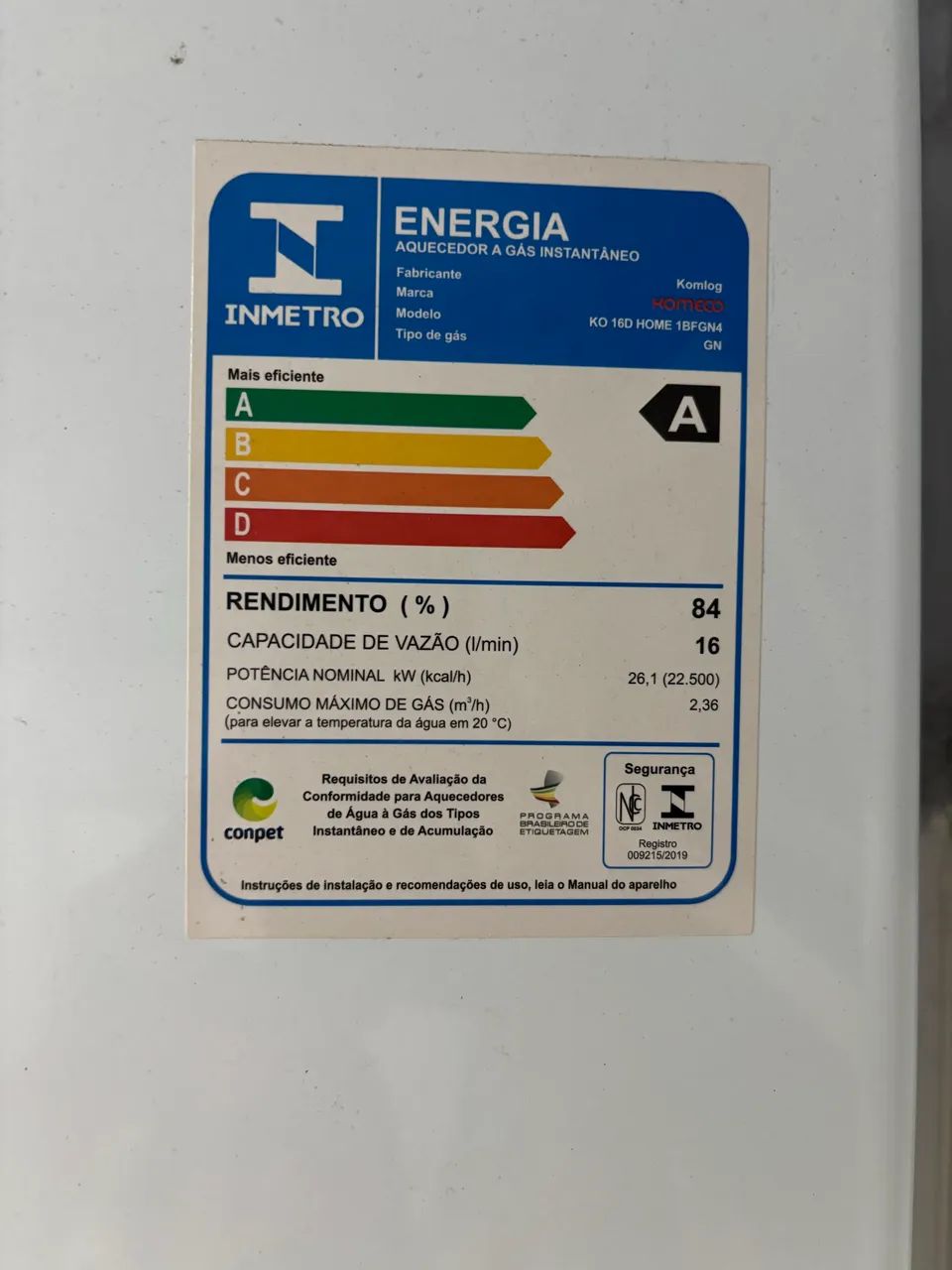 Aquecedor de gás GN marca komeco 16 litros