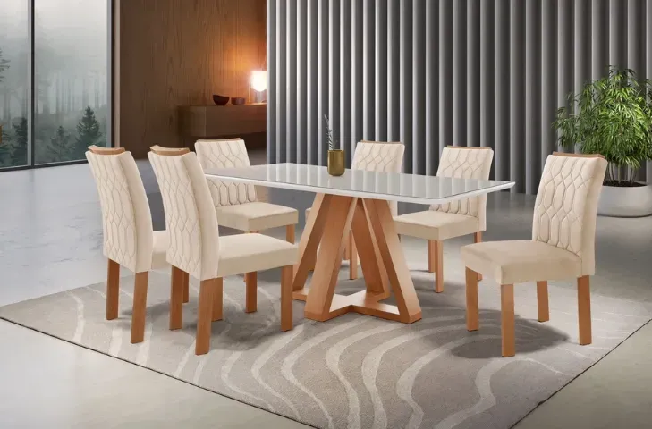 Mesa de Jantar Madri 6 Cadeiras, com Tampo em MDF arredondado + Vidro laqueado.