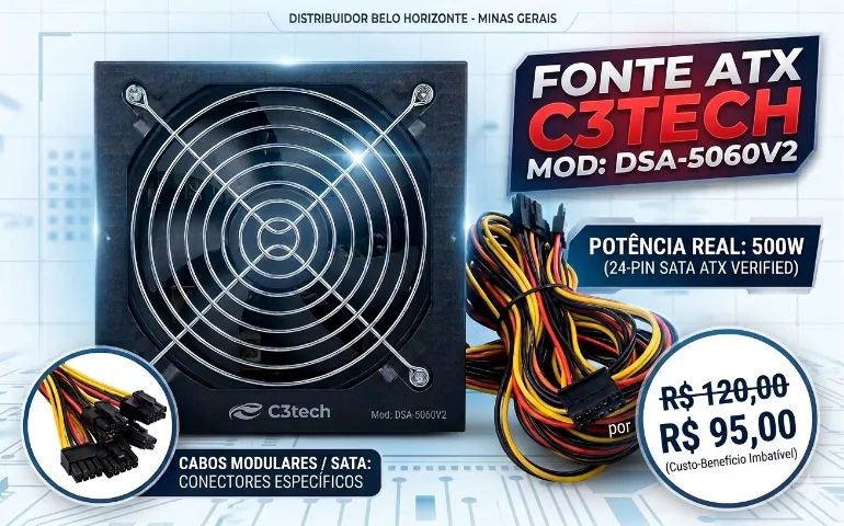 Fonte Real C3tech Mod: Dsa-5060v2 24pin 500w Sata Atx