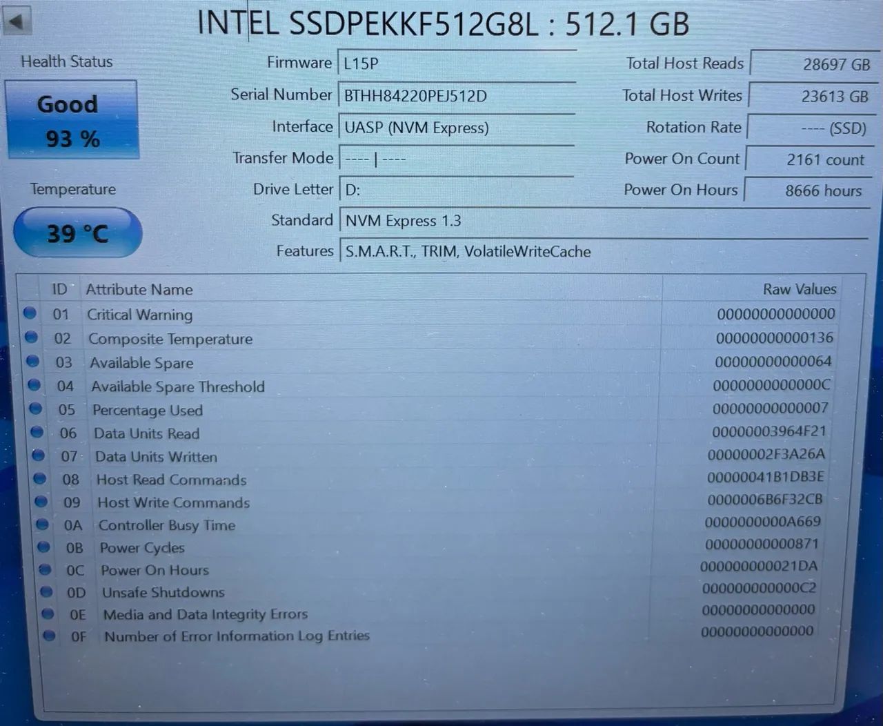 SSD Intel NVMe 512GB M.2 2280 - SSDPEKKF512G8L - Armazenamento