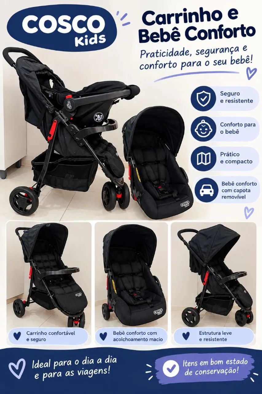 Carrinho de bebê + Bebê conforto Cosco (PERFEITO ESTADO)