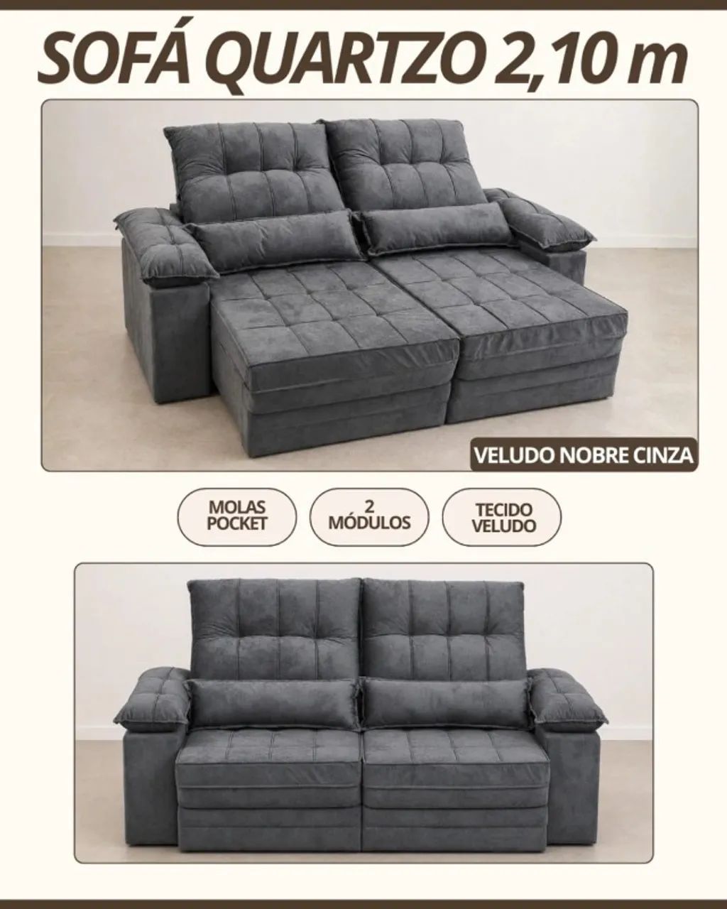 Sofá quartzo 2,10 reclinavel veludo nobre cinza