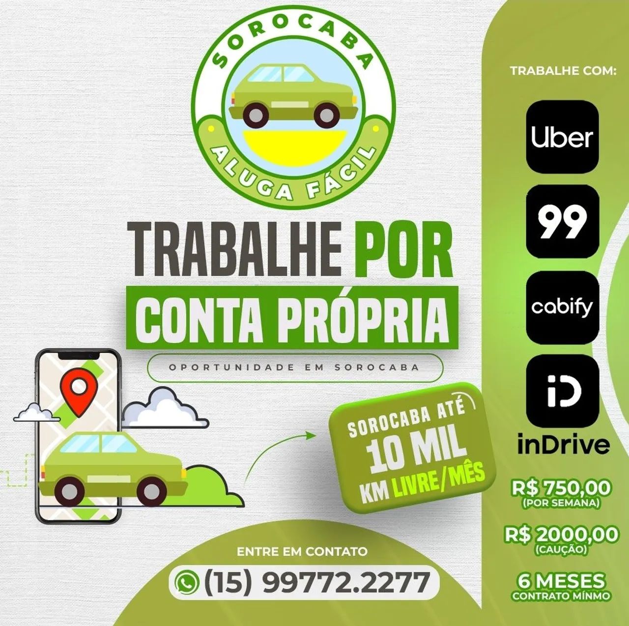 Aluga Fácil Sorocaba carro para 99-Uber-Cabify-In Driver