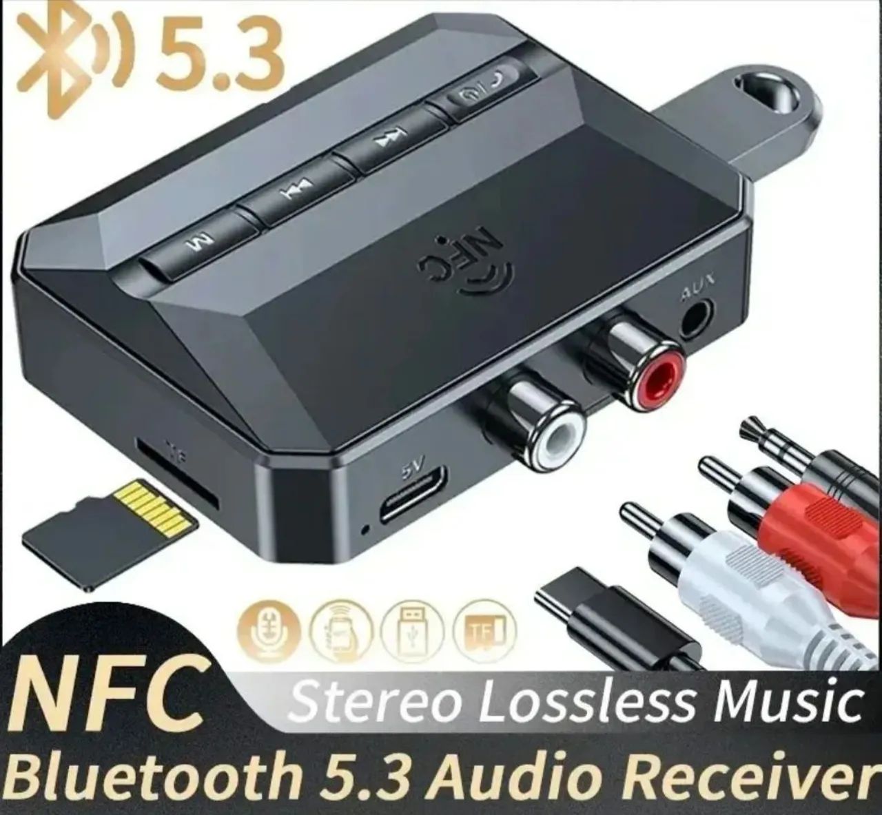 Receptor e Transmissor Bluetooth 5.3 NFC, USB, cartão SD