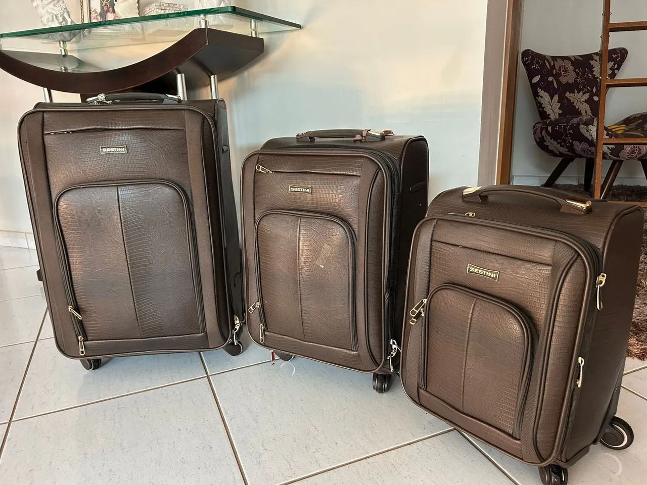 Conjunto de malas Sestini em couro marrom - Novo